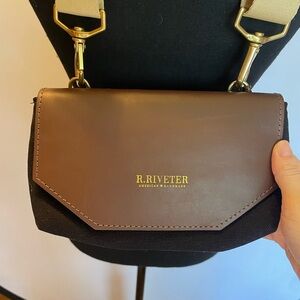 NWT R. Riveter Whittle Crossbody Bag in Black Canvas + Brown Leather Retail $148